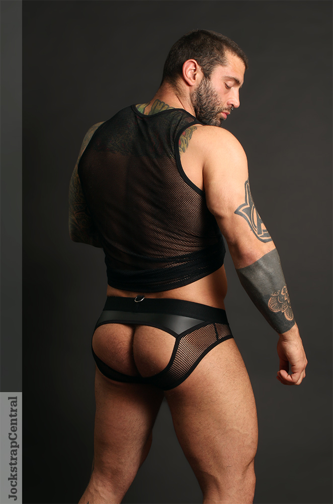 Simon in Addicted Fetish Mesh Bottomless Brief and Tank Top